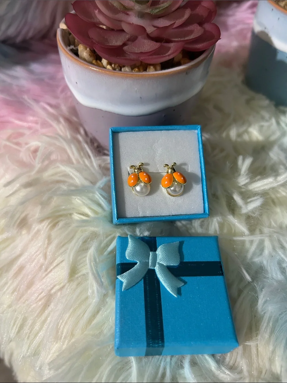 Gold-Tone Orange and Pearl Drop Stud Earrings